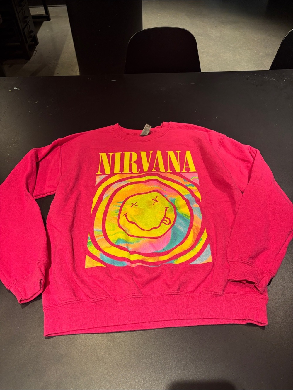 NIRVANA Hot Pink Crewneck with Multicolor Smiley Graphic